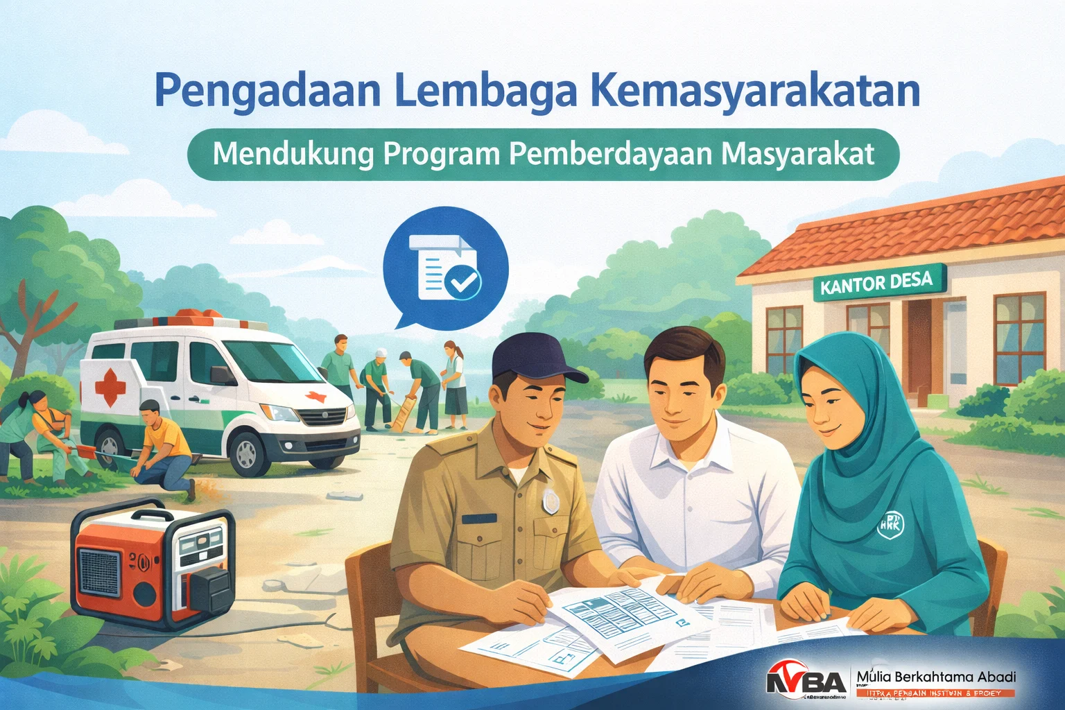 Ilustrasi pengadaan lembaga kemasyarakatan dengan vendor terpercaya Mulia Berkahtama Abadi untuk kendaraan operasional, genset, dan kebutuhan kegiatan sosial masyarakat