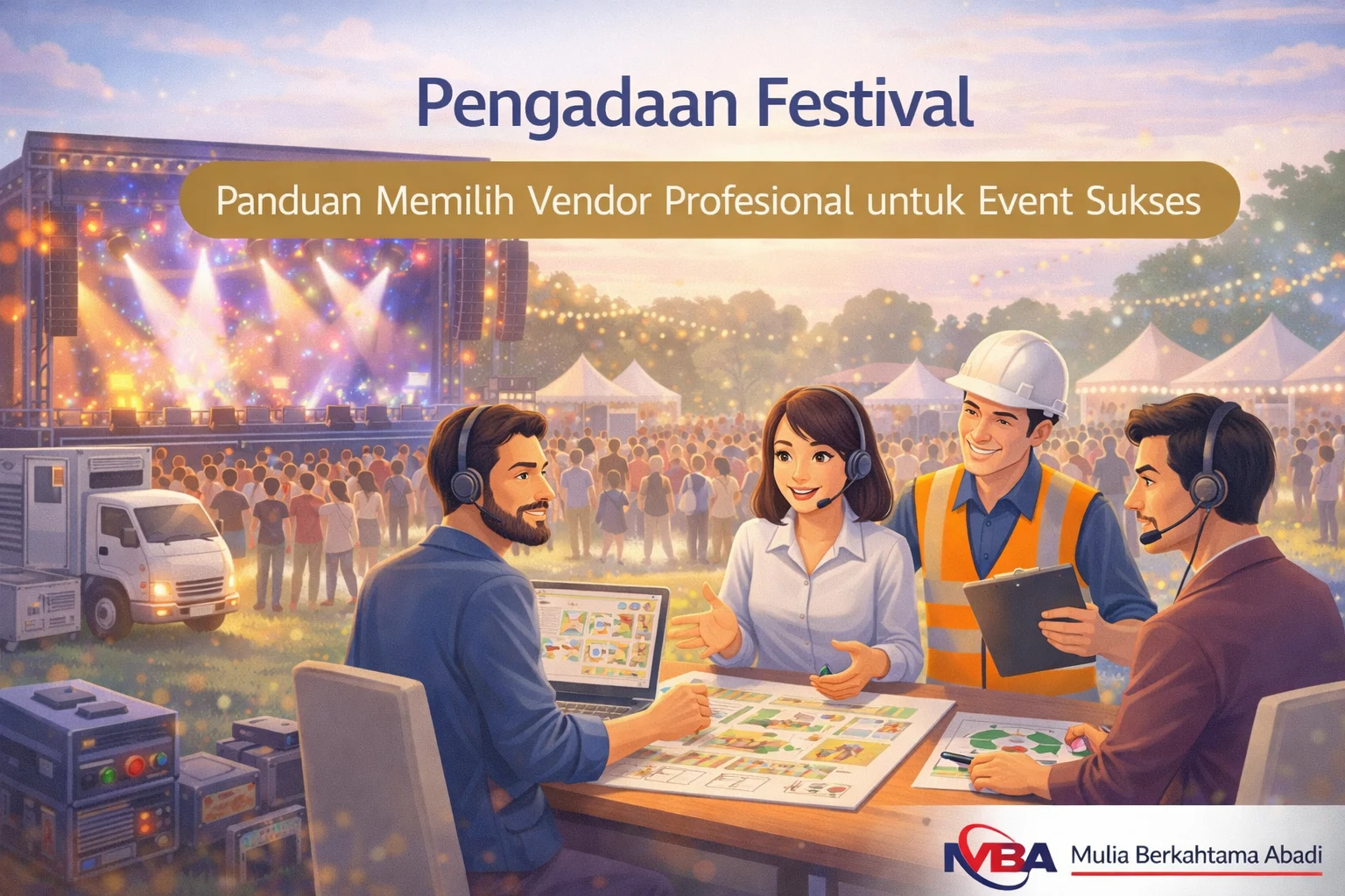 Ilustrasi pengadaan festival dengan tim event planner memilih vendor profesional untuk mendukung kesuksesan acara festival