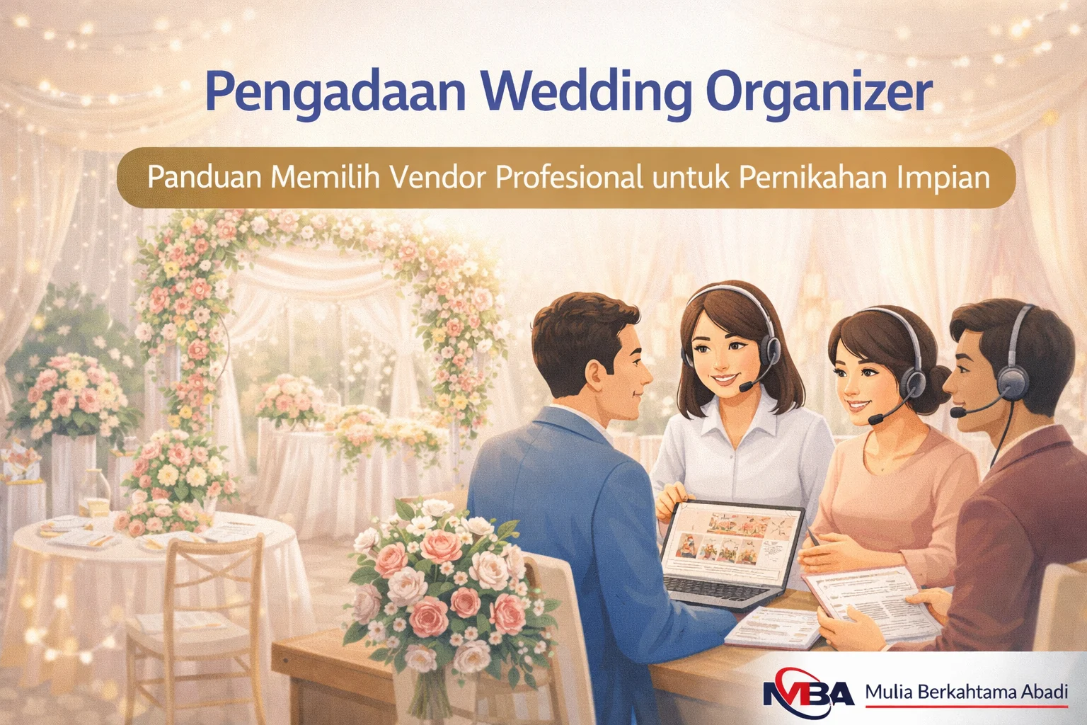 Ilustrasi pengadaan wedding organizer saat calon pengantin berdiskusi dengan vendor untuk perencanaan pernikahan