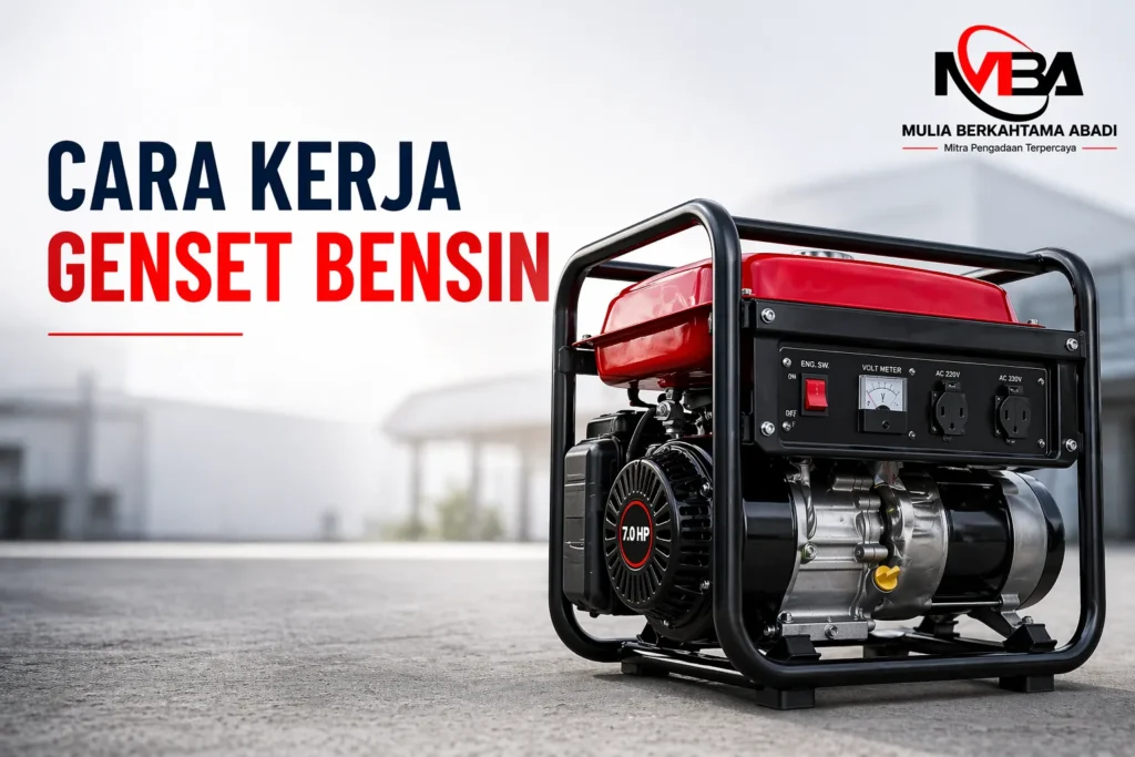 Ilustrasi cara kerja genset bensin dengan mesin generator listrik cadangan
