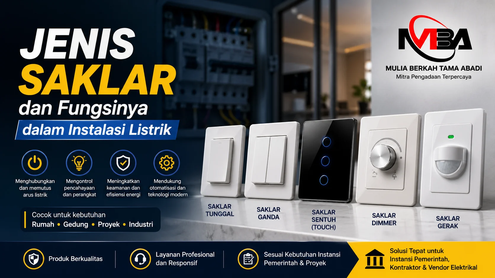 Jenis saklar listrik modern untuk instalasi rumah dan industri