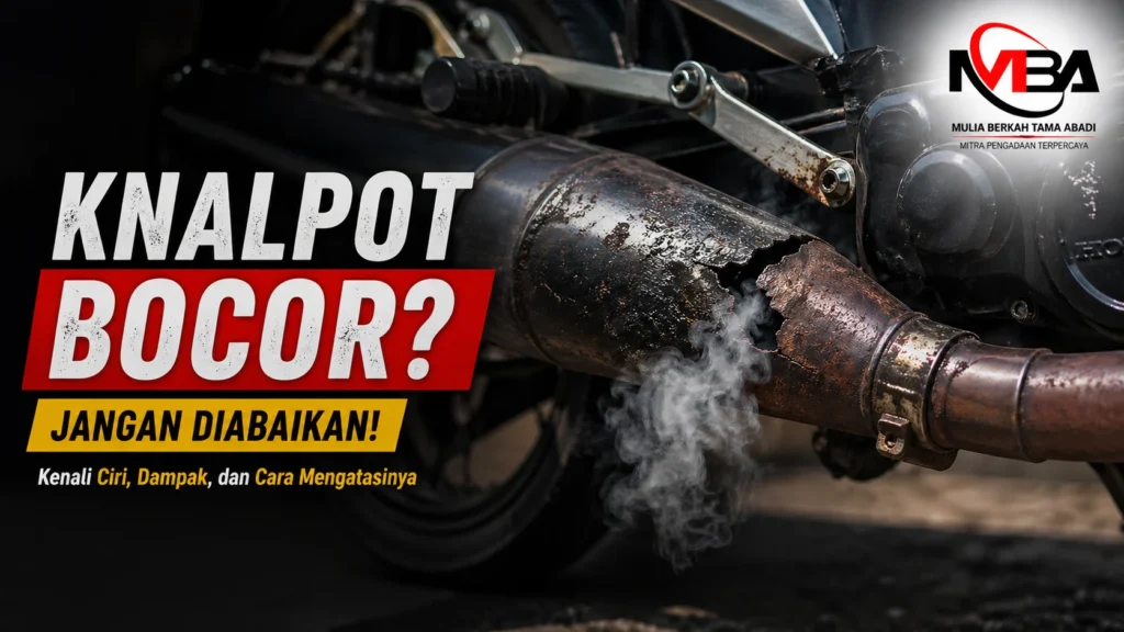 Knalpot motor bocor dengan kondisi retak dan mengeluarkan asap sebagai tanda kerusakan