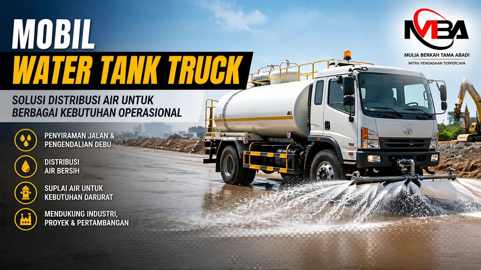 Mobil water tank truck menyiram jalan proyek untuk distribusi air dan pengendalian debu