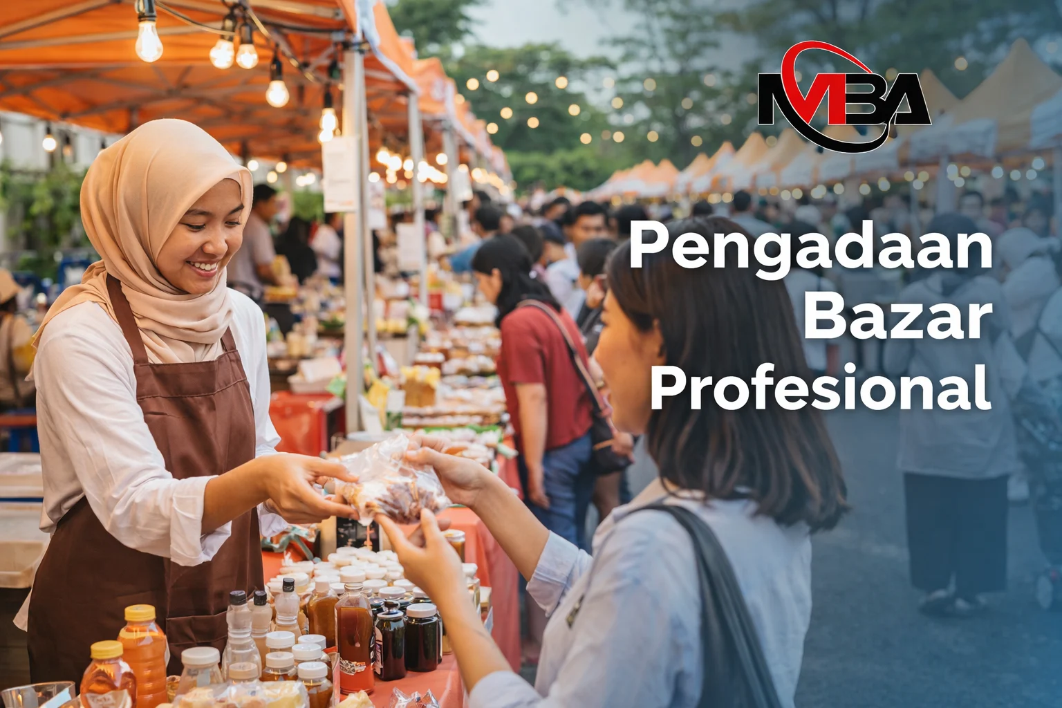 Pengadaan bazar profesional dengan stand UMKM, interaksi penjual dan pembeli, serta dukungan vendor event