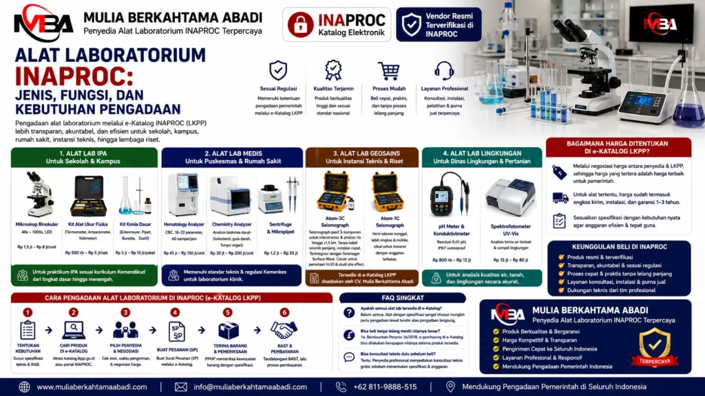 Alat laboratorium INAPROC untuk sekolah, rumah sakit, dan instansi pemerintah dari Mulia Berkahtama Abadi dengan produk mikroskop, analyzer, dan alat geosains.