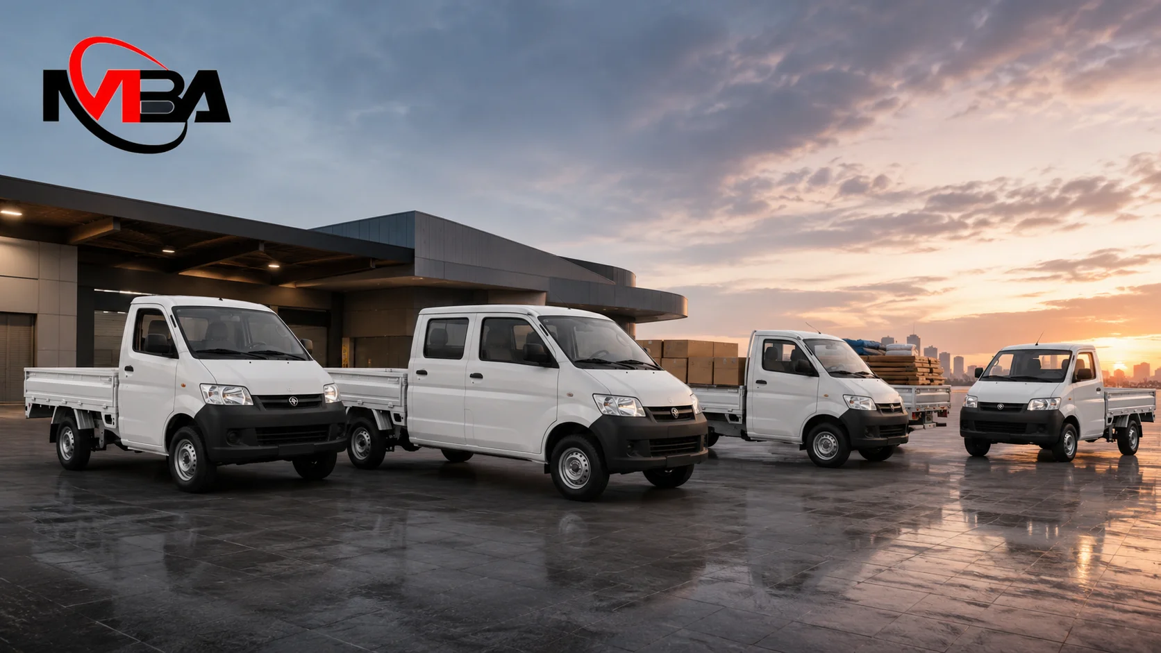Armada kendaraan pick up operasional di area logistik modern yang merepresentasikan layanan dan solusi transportasi kendaraan niaga dari Mulia Berkatama Abadi untuk kebutuhan distribusi dan operasional lapangan.
