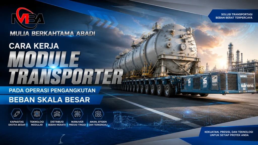 Ilustrasi gambar cara kerja module transporter pada operasi pengangkutan beban skala besar dengan sistem distribusi beban dan teknologi transportasi alat berat