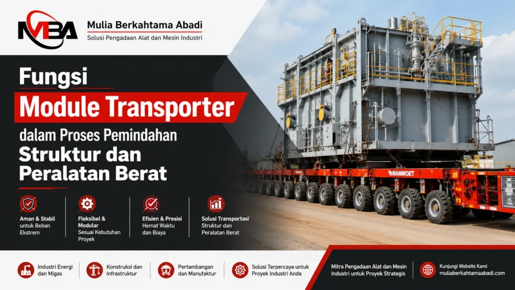 Ilustrasi gambar fungsi module transporter dalam proses pemindahan struktur dan peralatan berat untuk proyek industri, energi, konstruksi, dan pertambangan