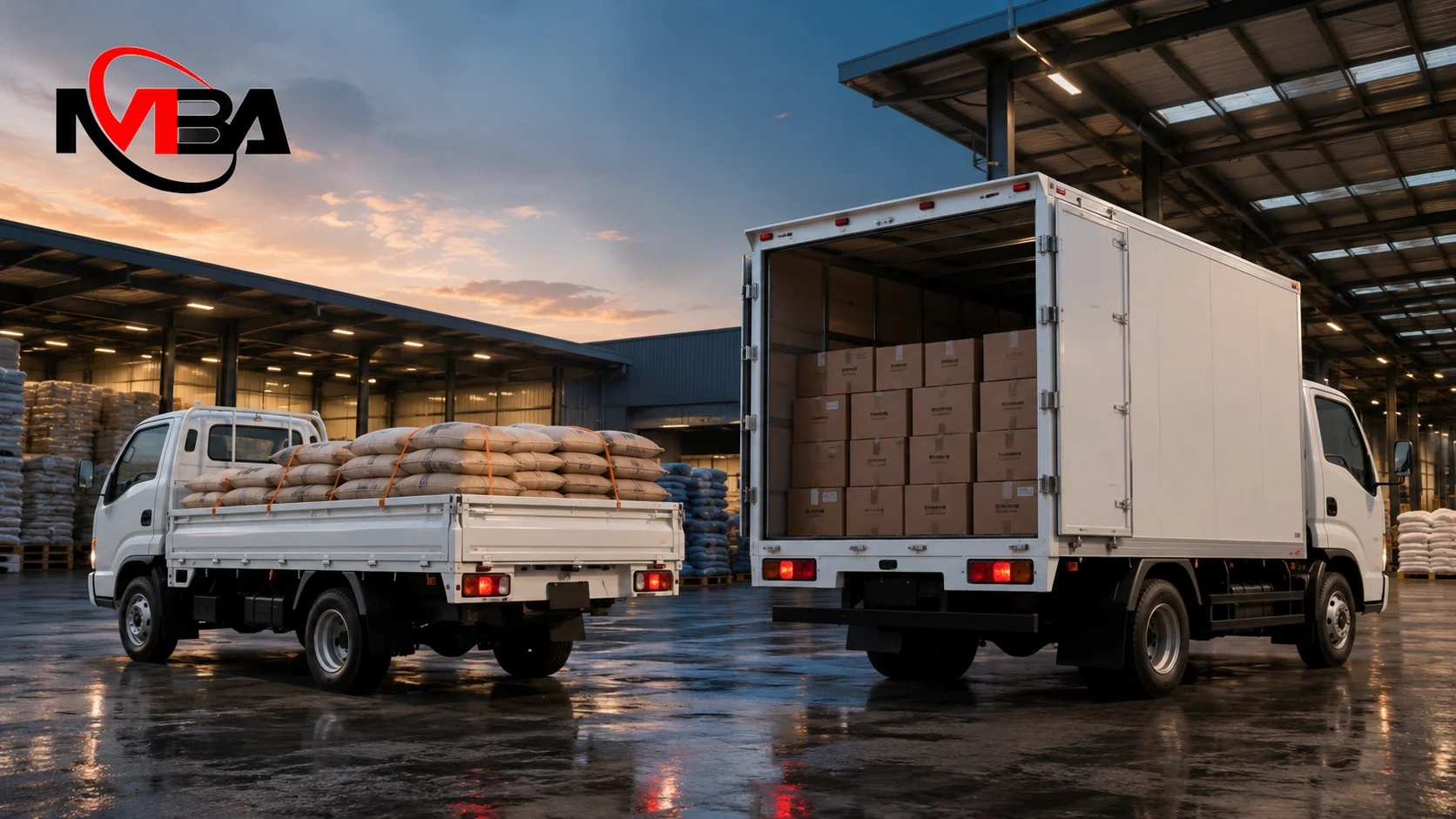 Kendaraan pick up dan truk ringan bermuatan barang di area pergudangan modern yang menggambarkan perbedaan kapasitas angkut, volume muatan, dan penggunaan untuk distribusi serta logistik operasional.