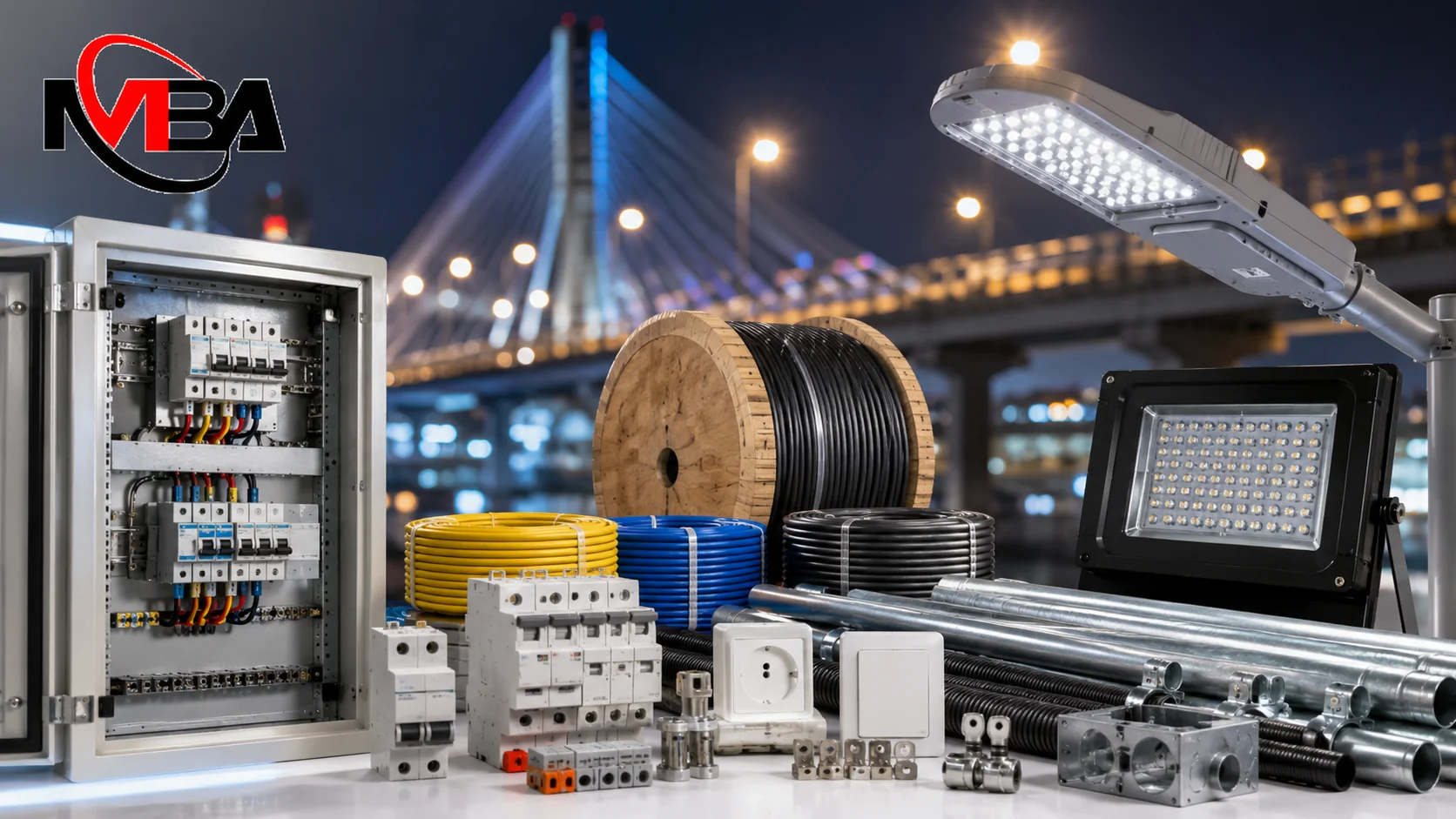 Perlengkapan listrik untuk proyek infrastruktur seperti panel listrik, kabel, lampu LED, dan komponen instalasi yang mendukung sistem kelistrikan.