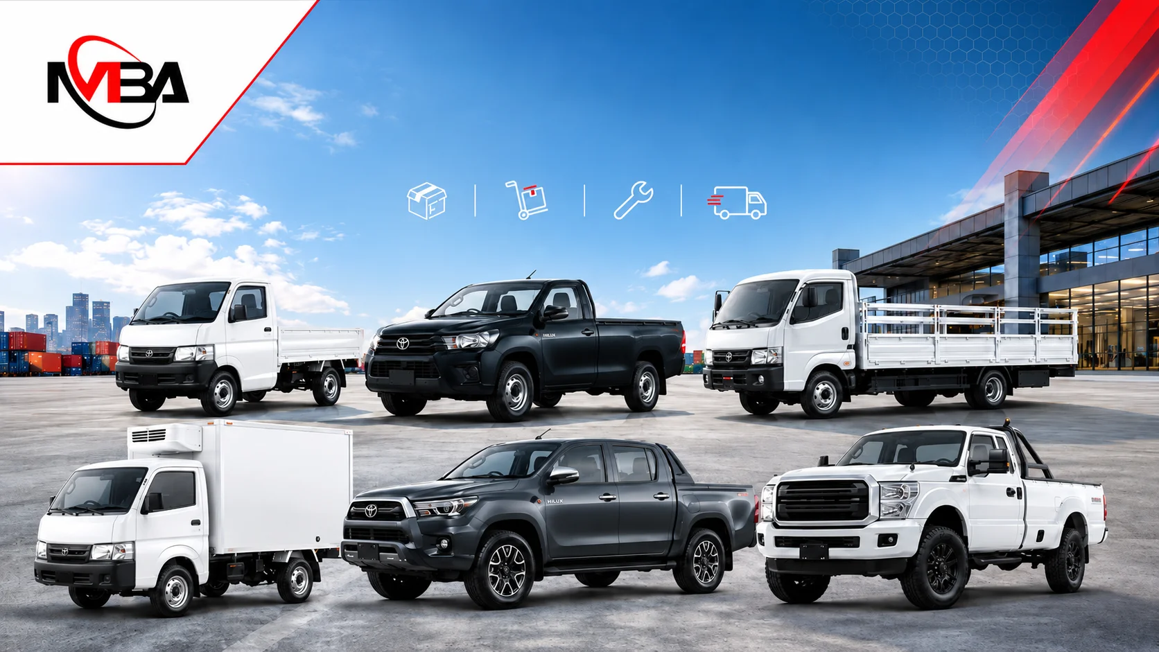 Banner menampilkan beberapa jenis mobil pick up untuk kebutuhan distribusi barang, logistik, dan operasional lapangan, dengan logo Mulia Berkahtama Abadi di bagian kiri atas.