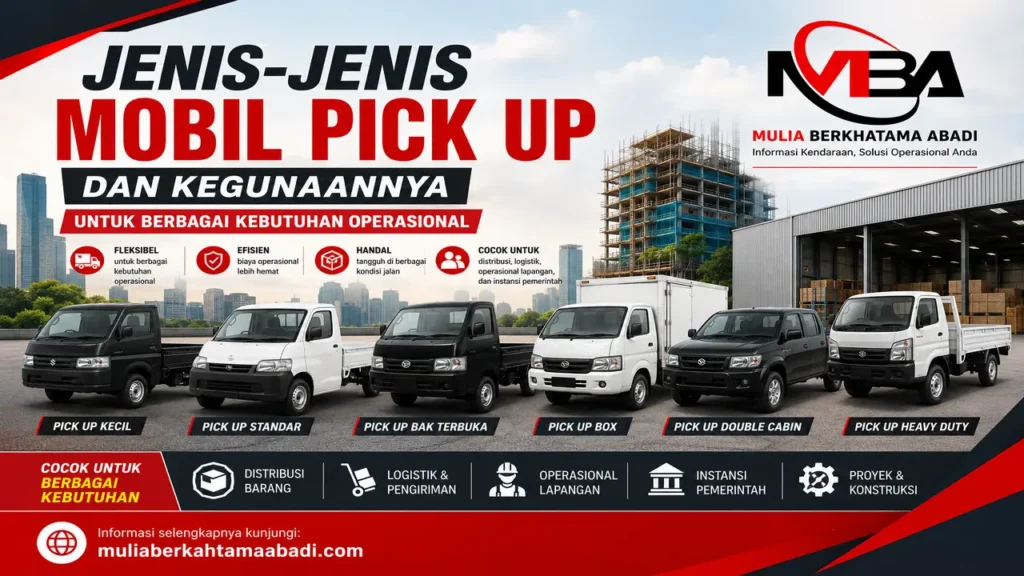 Jenis-Jenis Mobil Pick Up untuk distribusi barang, logistik, proyek konstruksi, dan kendaraan operasional pemerintah - Mulia Berkhatama Abadi.