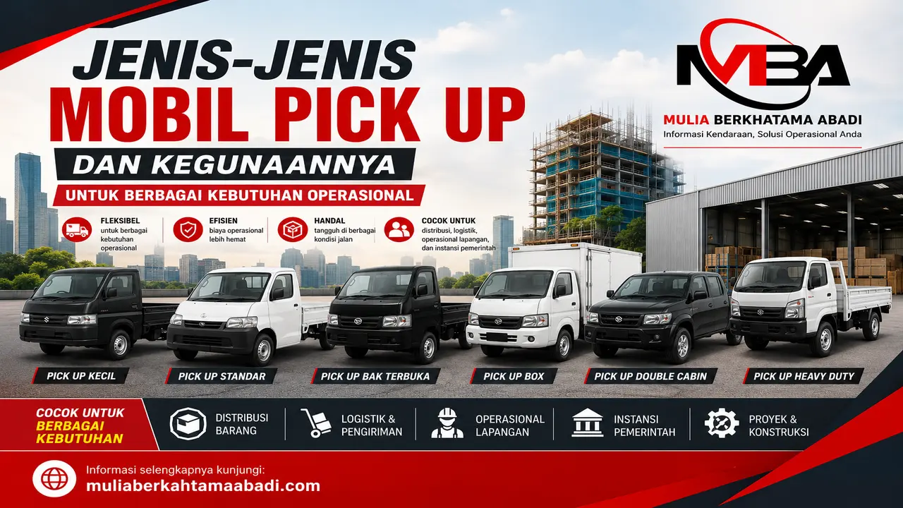 Jenis-Jenis Mobil Pick Up untuk distribusi barang, logistik, proyek konstruksi, dan kendaraan operasional pemerintah - Mulia Berkhatama Abadi.