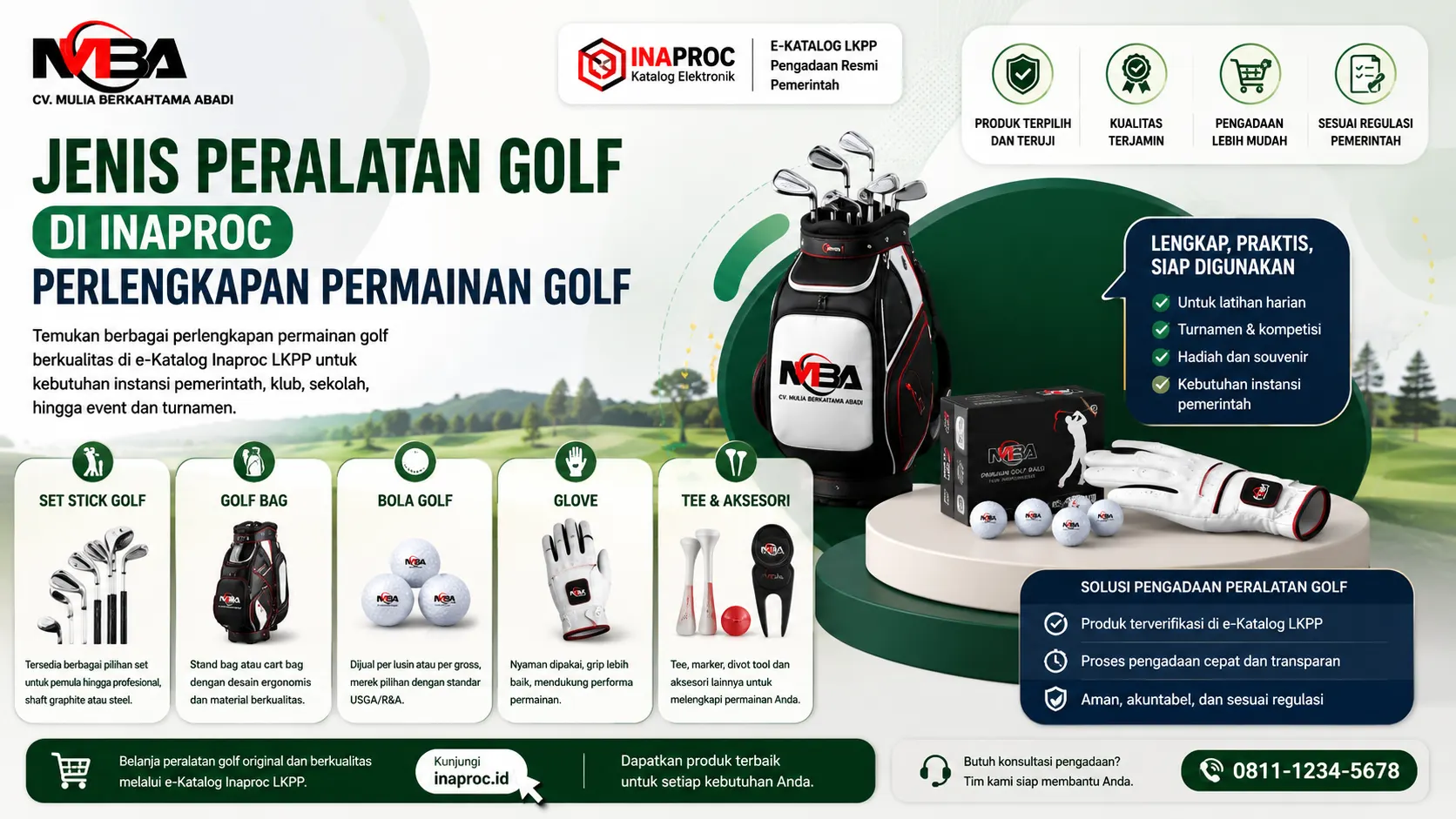 Banner yang menampilkan perlengkapan permainan golf di Inaproc, seperti set stik golf, golf bag, bola golf, sarung tangan, tee, dan aksesori golf yang tersedia melalui e-Katalog LKPP untuk kebutuhan latihan, kompetisi, dan pengadaan instansi pemerintah.