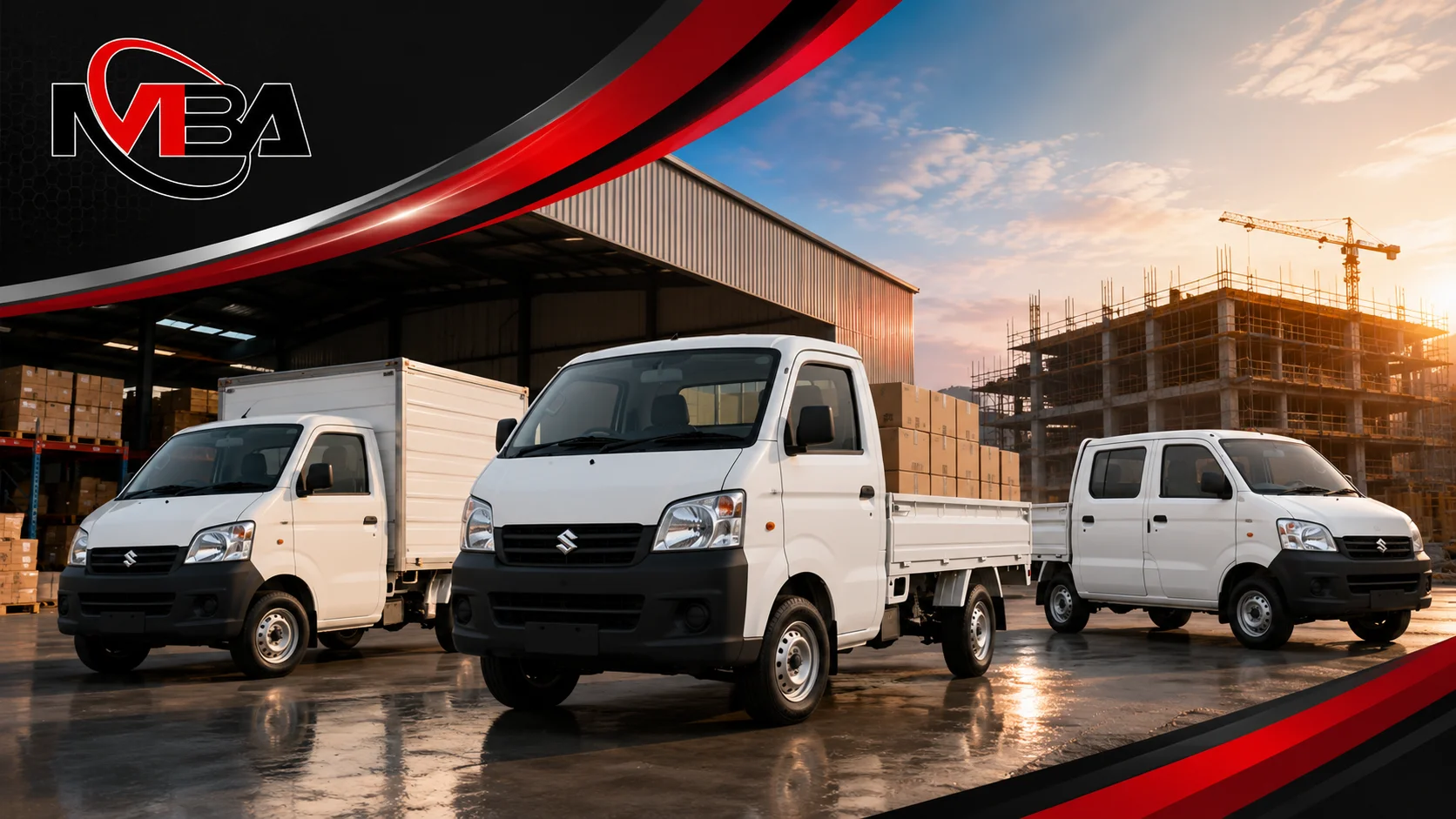 Banner kendaraan pick up Mulia Berkahtama Abadi yang menampilkan berbagai tipe pick up untuk mendukung kebutuhan logistik dan operasional instansi secara efisien.