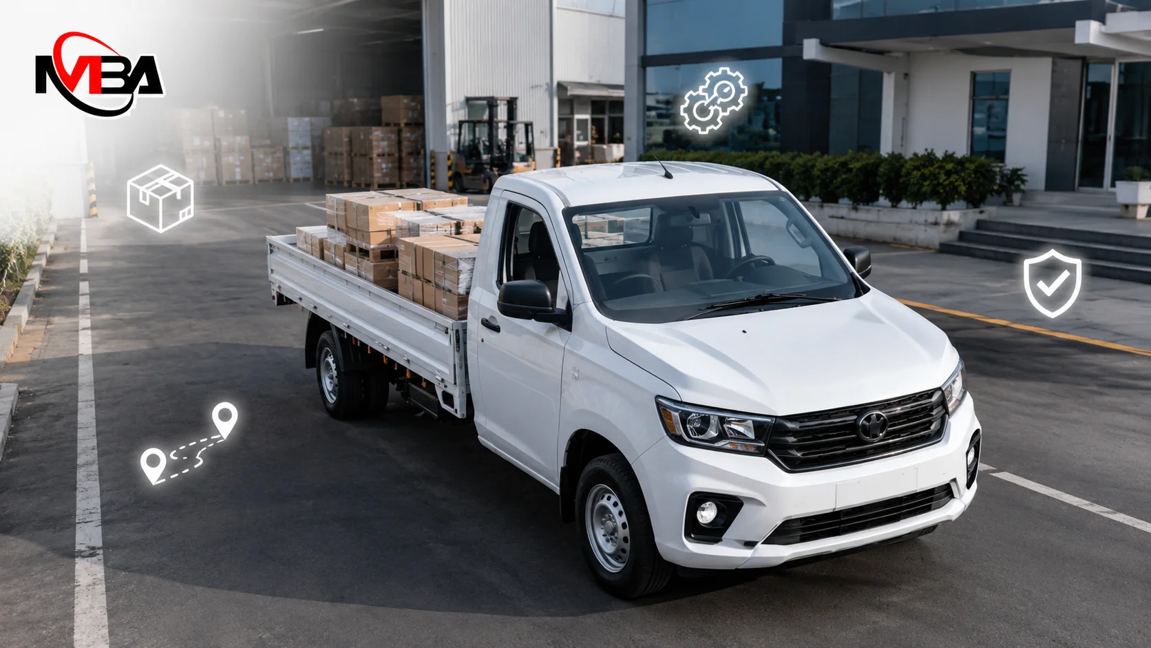 Mobil pick up bermuatan barang di area operasional dengan logo Mulia Berkahtama Abadi.