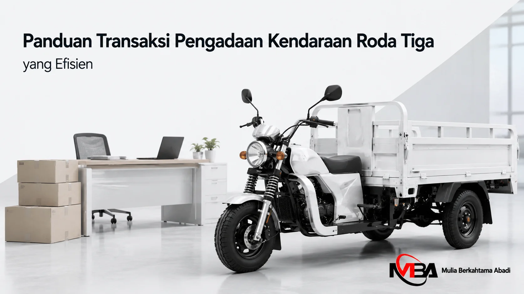 Kendaraan roda tiga niaga ditampilkan secara realistis sebagai ilustrasi proses transaksi pengadaan yang efisien untuk mendukung kebutuhan operasional instansi.