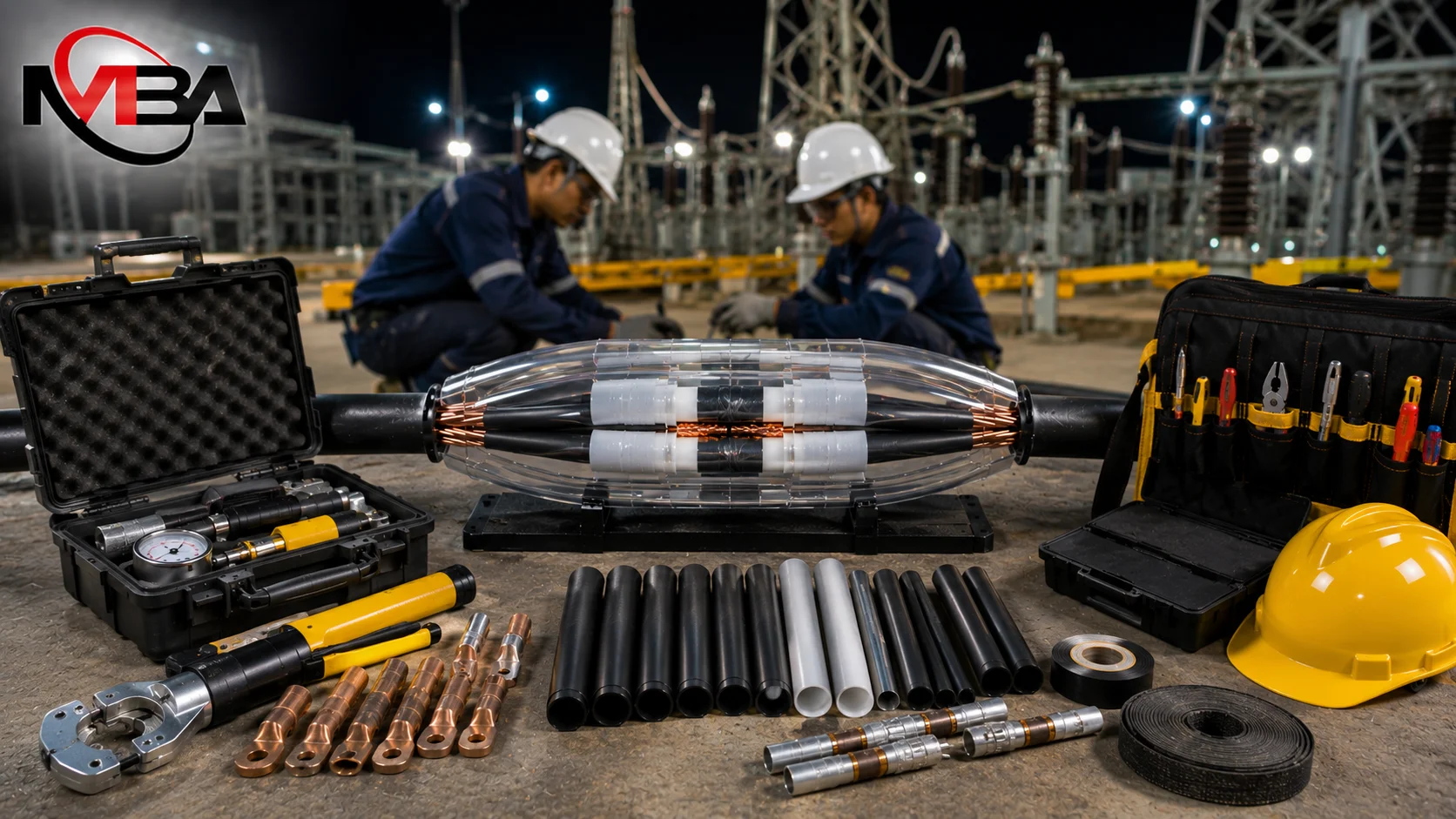 Peralatan cable splicer dan perlengkapan kerja kelistrikan yang digunakan untuk proses penyambungan, pengujian, dan pemeliharaan kabel pada jaringan listrik.