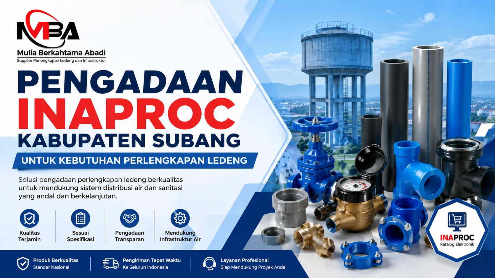 Ilustrasi gambar Pengadaan Inaproc Kabupaten Subang untuk kebutuhan perlengkapan ledeng guna mendukung sistem distribusi air dan sanitasi dengan produk pipa, valve, fitting, dan water meter berkualitas.