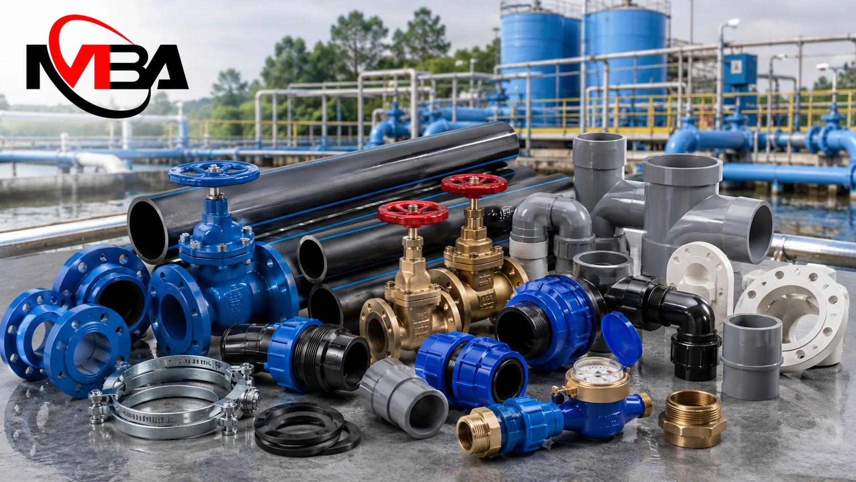 Produk perlengkapan ledeng seperti pipa, valve, fitting, dan water meter untuk kebutuhan sistem distribusi air dan pengadaan Inaproc Kabupaten Subang.