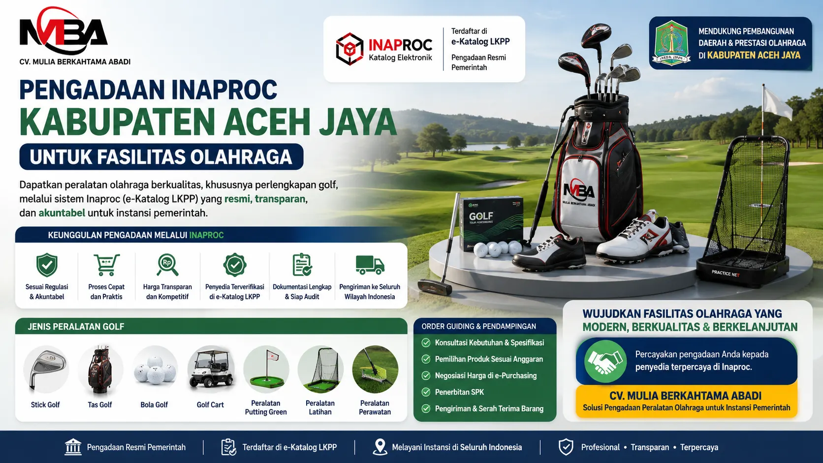 Banner pengadaan Inaproc Kabupaten Aceh Jaya untuk fasilitas olahraga yang menampilkan perlengkapan golf, sistem e-Katalog LKPP, dan layanan pengadaan resmi untuk mendukung sarana olahraga instansi pemerintah secara transparan dan akuntabel.
