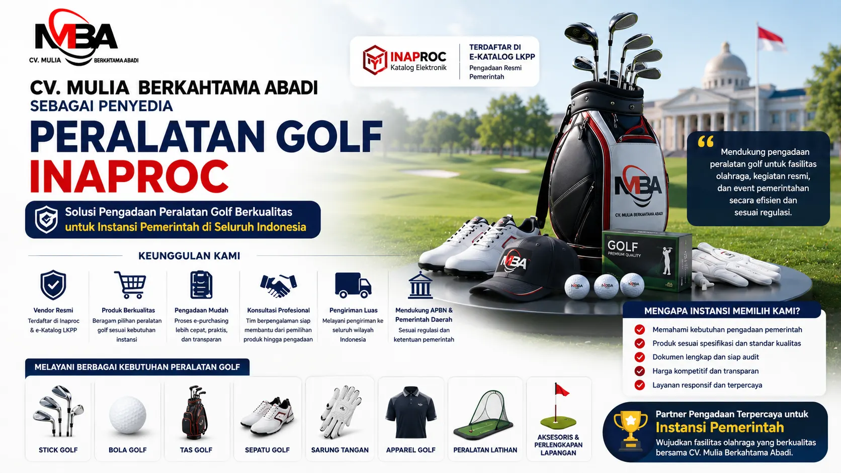 Banner promosi CV. Mulia Berkahtama Abadi sebagai penyedia peralatan golf di Inaproc, menampilkan berbagai perlengkapan golf seperti stick, tas, bola, sepatu, dan aksesori golf untuk kebutuhan instansi pemerintah melalui e-Katalog LKPP.