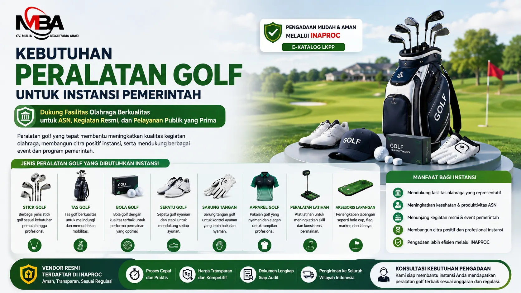 Banner yang menampilkan berbagai kebutuhan peralatan golf untuk instansi pemerintah, seperti stick golf, tas golf, bola golf, sepatu golf, sarung tangan, dan perlengkapan latihan yang tersedia melalui sistem Inaproc dan e-Katalog LKPP.