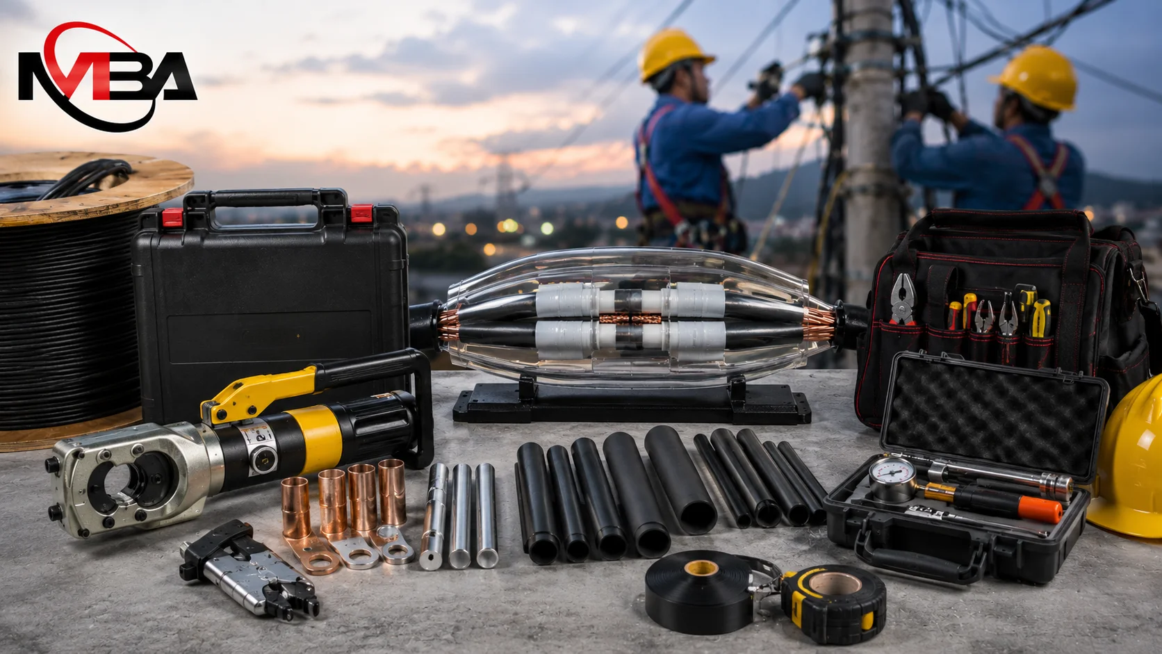 Peralatan cable splicer lengkap beserta perlengkapan pendukung instalasi kabel listrik untuk menunjang pekerjaan penyambungan dan pemeliharaan jaringan kelistrikan.