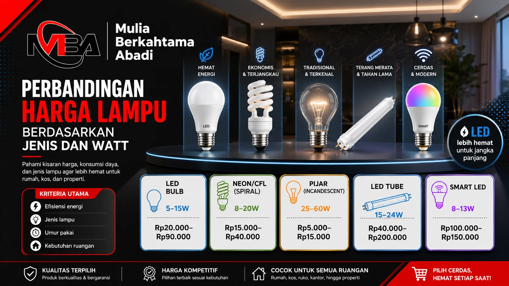 perbandingan harga lampu berdasarkan jenis dan watt bersama Mulia Berkahtama Abadi.
