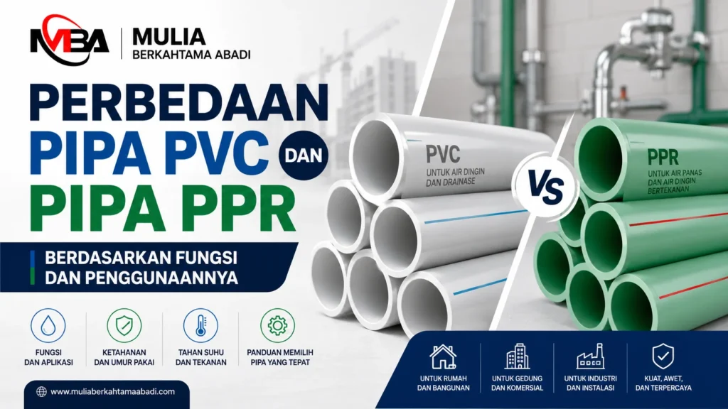 Ilustrasi gambar perbedaan pipa PVC dan PPR berdasarkan fungsi, karakteristik material, ketahanan, dan penggunaannya dalam sistem perpipaan