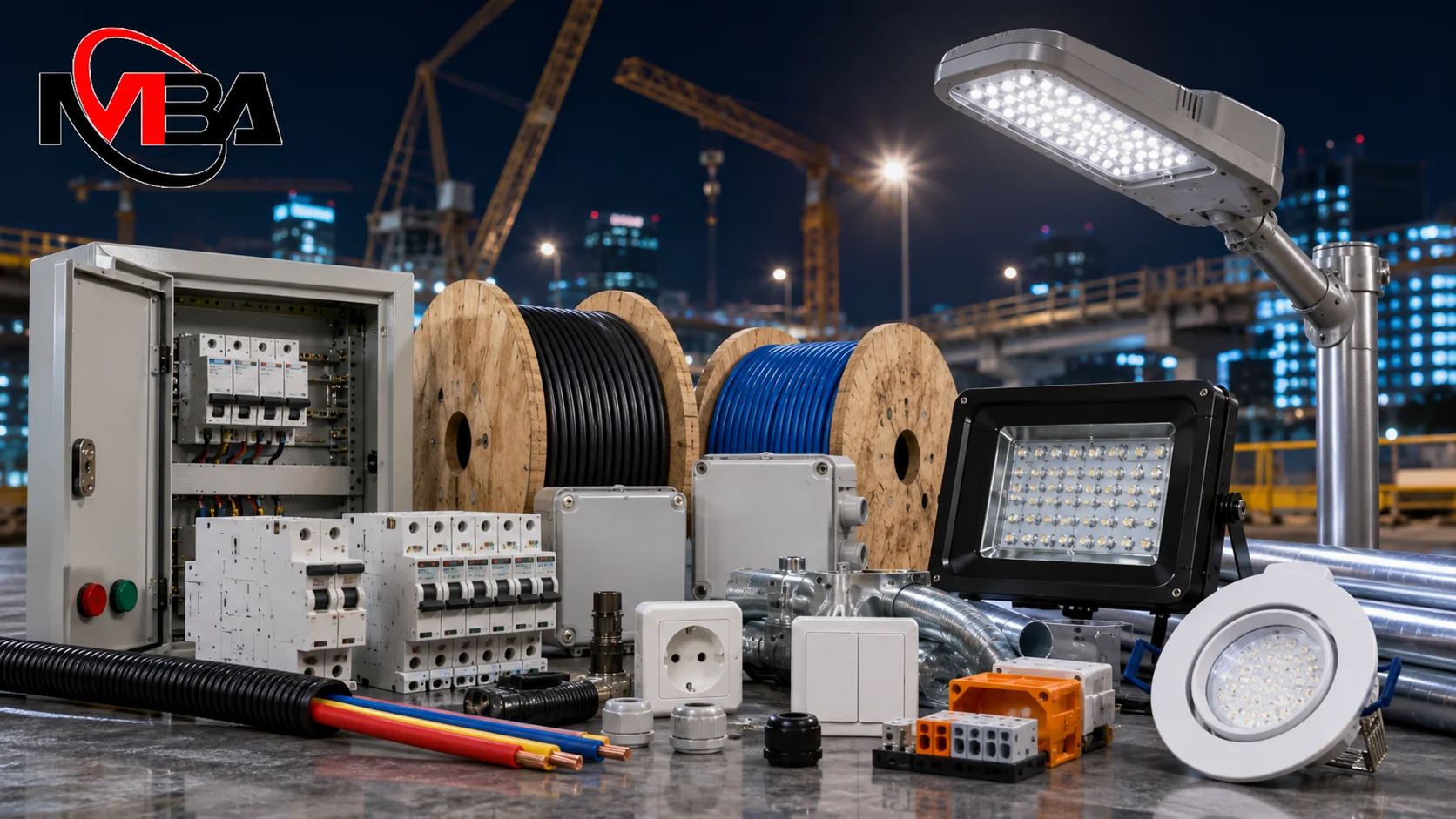Beragam perlengkapan listrik seperti panel, kabel, MCB, lampu LED, dan komponen instalasi untuk mendukung proyek infrastruktur Dinas PUPR.