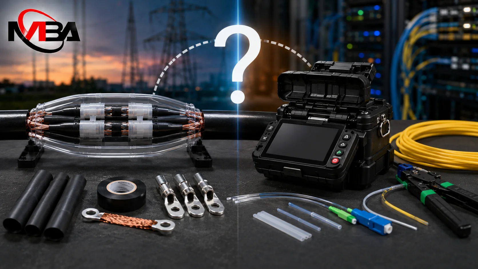 Perbandingan peralatan cable splicer dan fusion splicer untuk kebutuhan penyambungan kabel listrik serta jaringan fiber optik pada proyek infrastruktur.