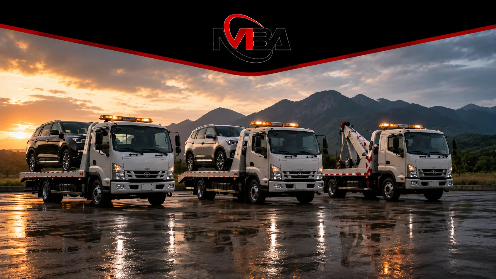 Deretan mobil towing flatbed dan wheel lift dengan kapasitas berbeda untuk mendukung pemilihan kendaraan towing yang sesuai dengan kebutuhan operasional