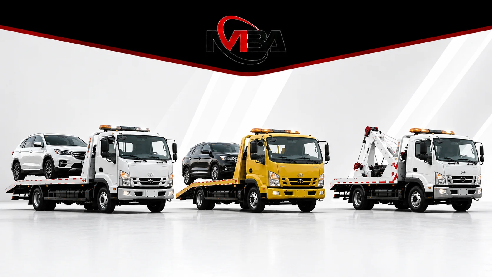 Deretan mobil towing flatbed dan wheel lift dengan berbagai kapasitas angkut dalam tampilan modern untuk membantu memilih kendaraan towing sesuai kebutuhan operasional