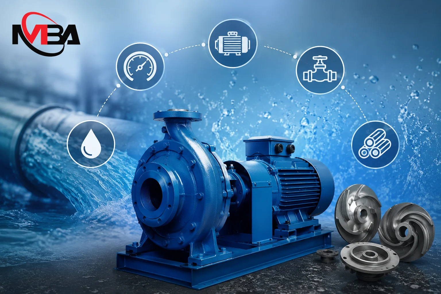 Water pump industri dengan komponen utama yang memengaruhi harga, seperti kapasitas aliran, daya motor, dan material pompa.
