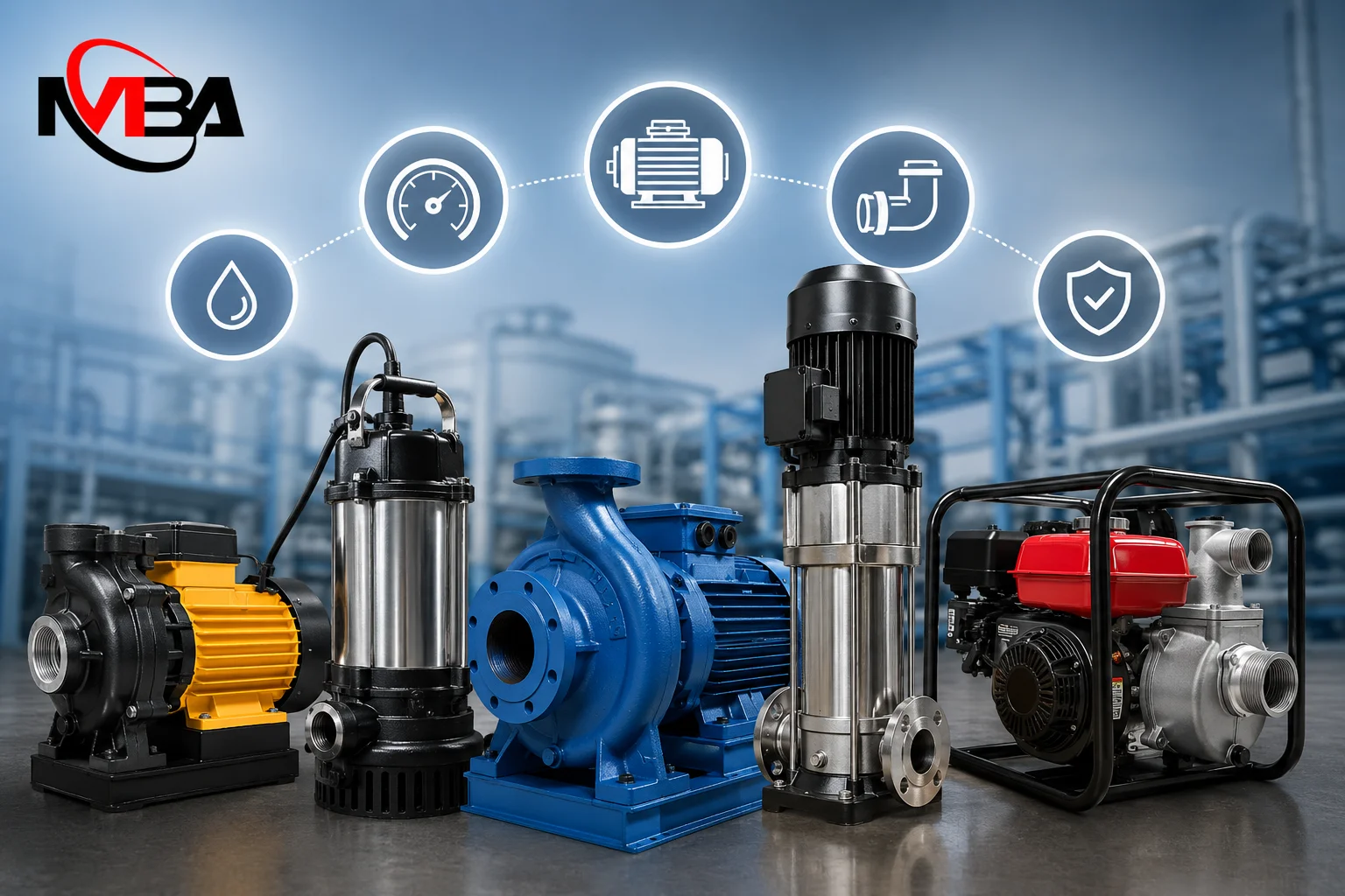 Berbagai jenis water pump industri dan komersial untuk membantu menentukan pompa yang sesuai berdasarkan kebutuhan debit air dan aplikasi penggunaan.