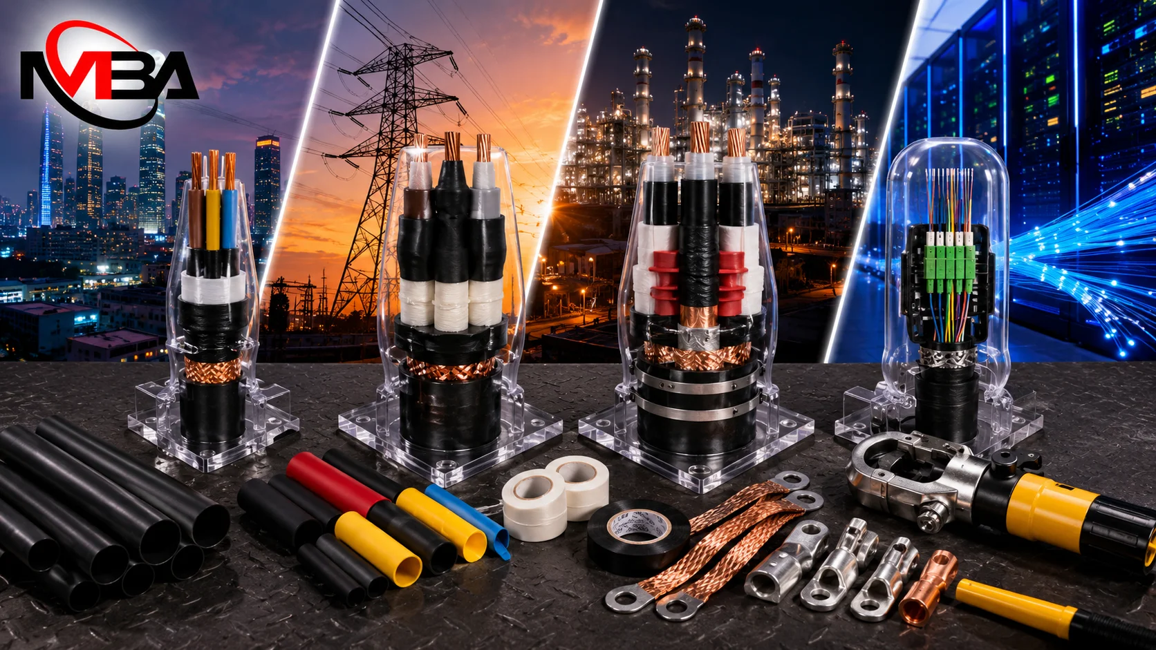 Berbagai jenis cable splicer, material jointing, dan peralatan penyambungan kabel untuk kebutuhan jaringan listrik, industri, dan telekomunikasi.