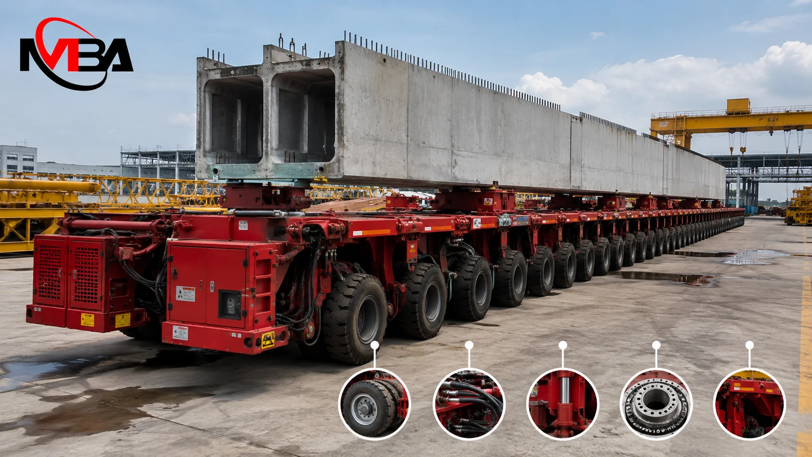 Module transporter dengan konfigurasi multi-axle dan sistem hidrolik untuk mendukung pemindahan struktur berat pada proyek konstruksi dan infrastruktur.