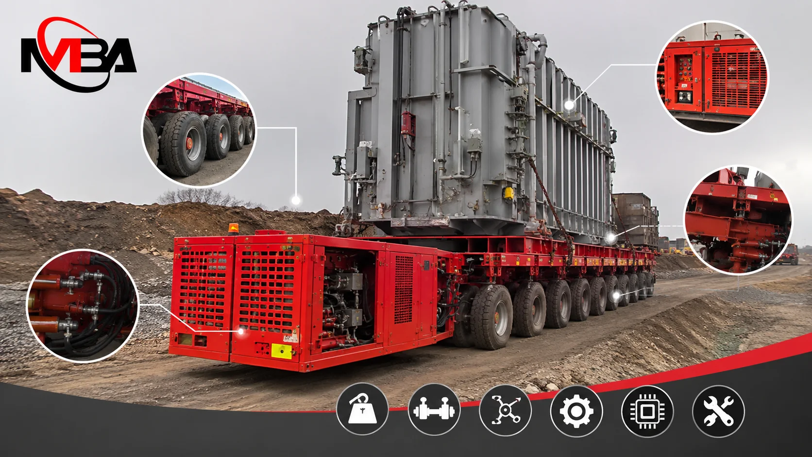 Module transporter heavy-duty dengan sistem multi-axle dan hidrolik untuk mengangkut peralatan industri berukuran besar pada proyek konstruksi dan energi.
