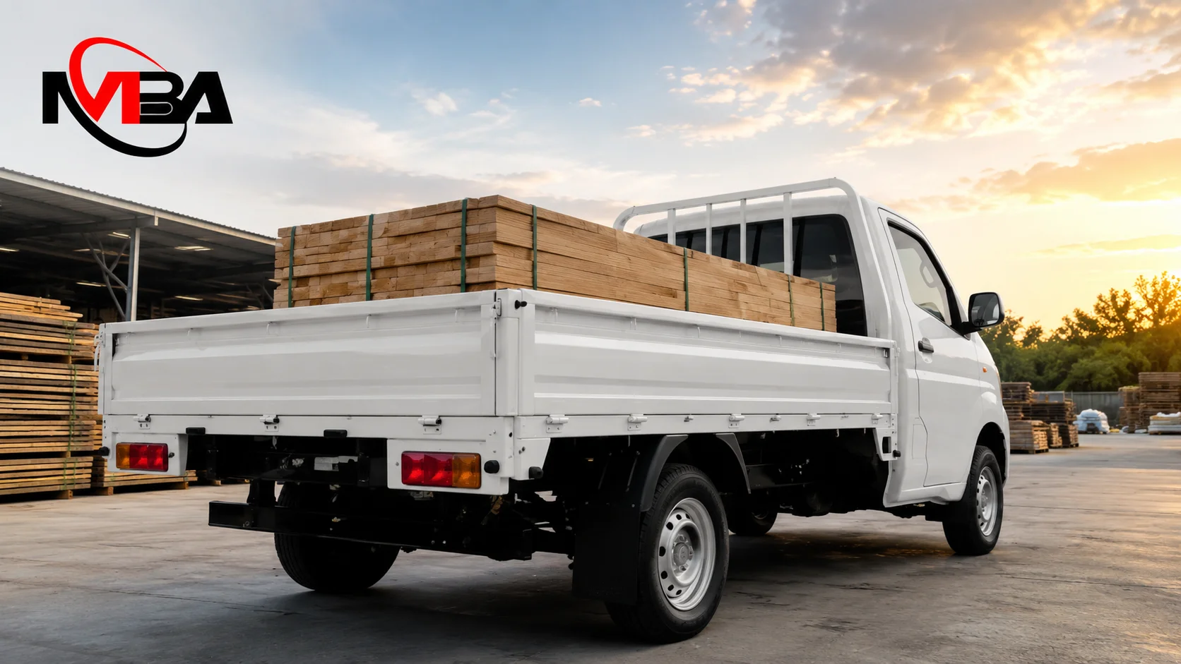 Kendaraan pick up bermuatan material di area logistik yang menggambarkan faktor kapasitas angkut, dimensi bak, dan daya dukung kendaraan untuk kebutuhan operasional serta distribusi barang.