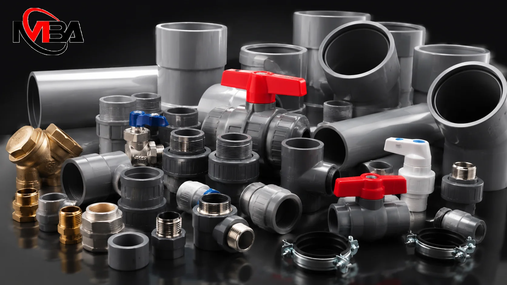 Perlengkapan ledeng seperti pipa PVC, valve, fitting, dan konektor tersusun rapi sebagai solusi pengadaan yang disediakan Mulia Berkahtama Abadi.