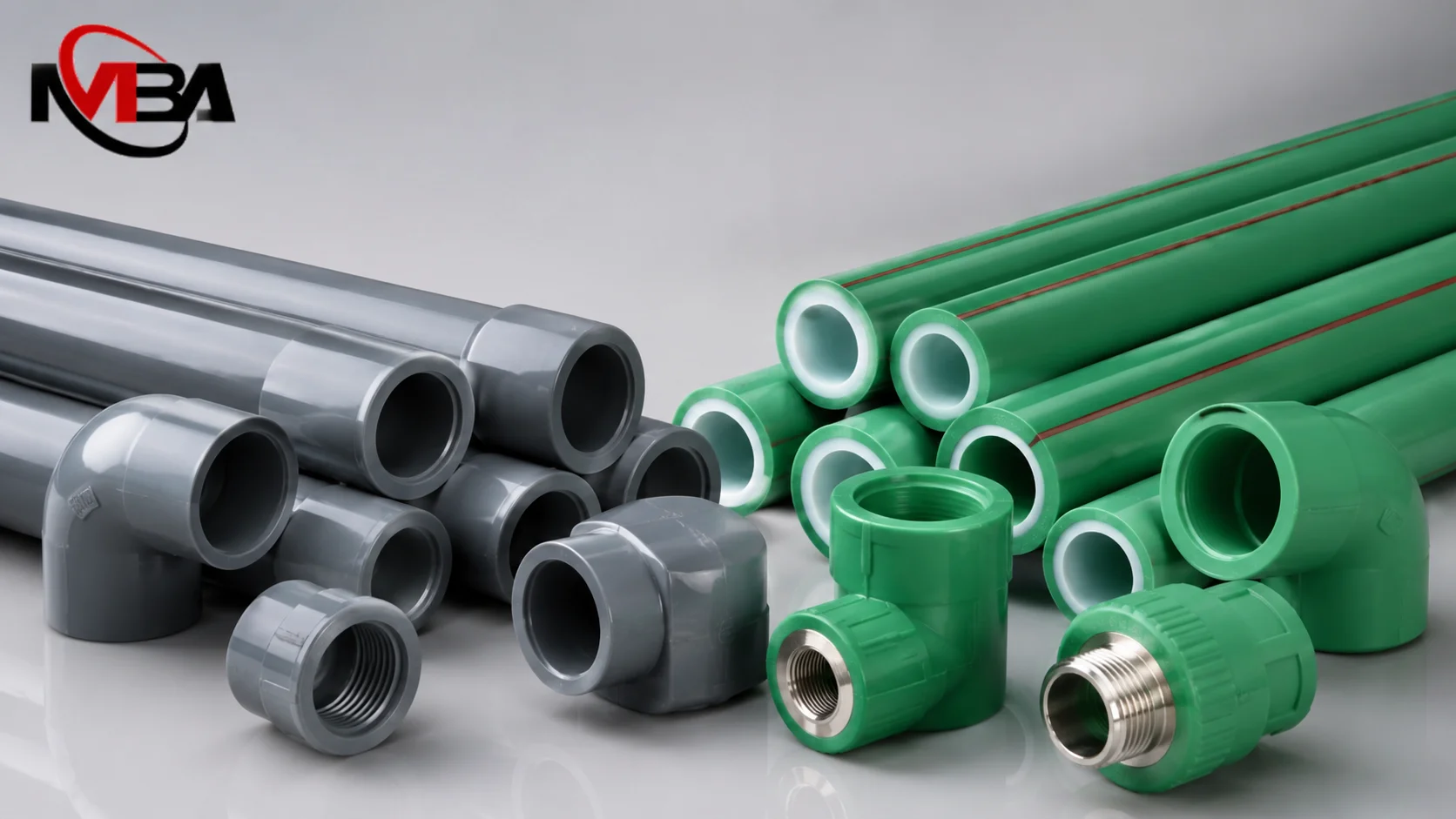 Foto produk pipa PVC dan PPR beserta berbagai fitting perpipaan untuk kebutuhan instalasi saluran air.
