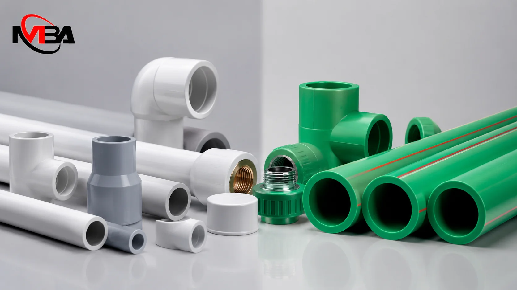 Perbandingan pipa PVC dan pipa PPR beserta fitting sebagai ilustrasi perbedaan fungsi dalam sistem perpipaan.