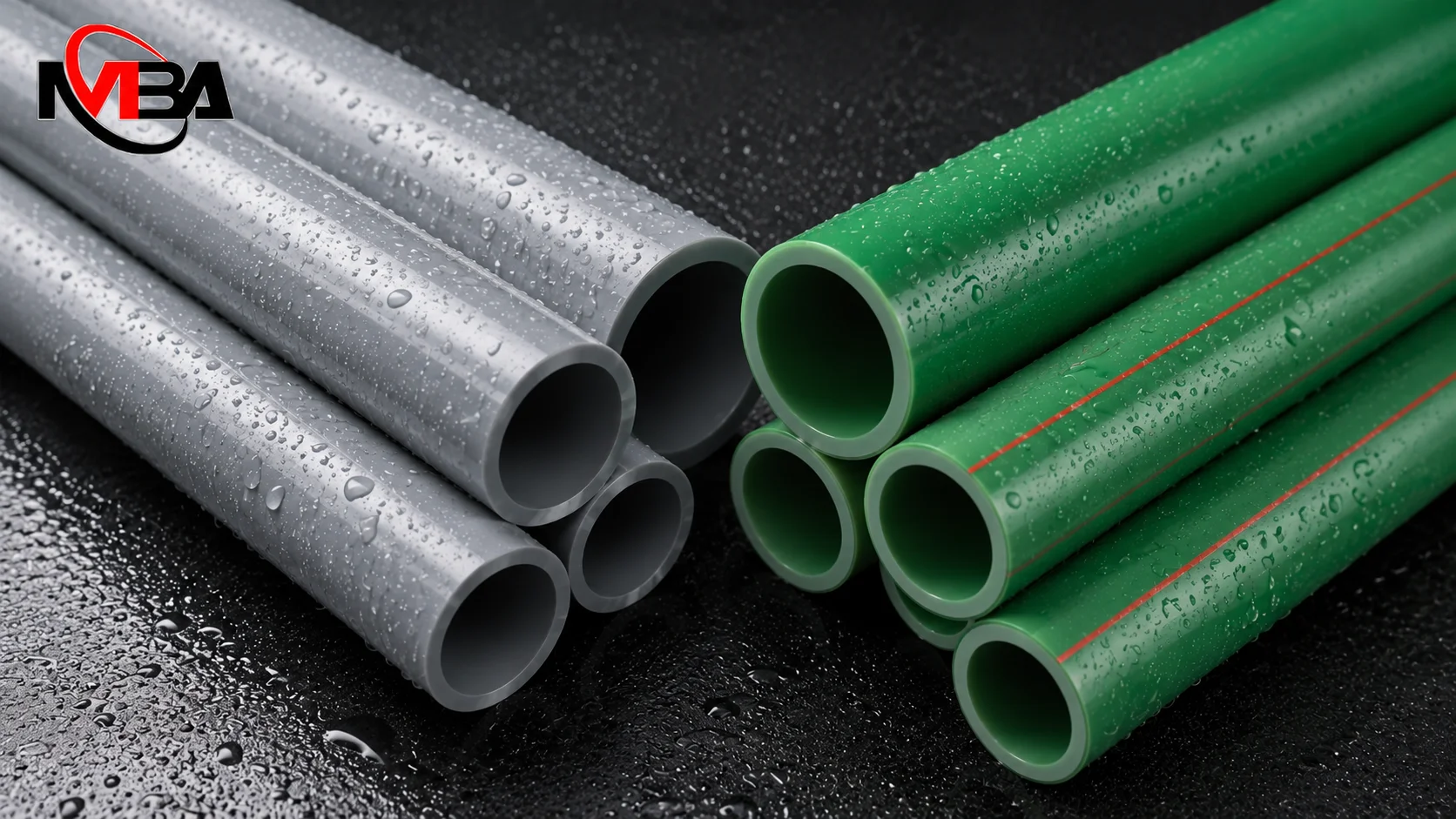 Foto produk pipa PVC dan pipa PPR dengan berbagai ukuran yang menampilkan material berkualitas untuk menggambarkan ketahanan dan umur pakai pada sistem perpipaan.