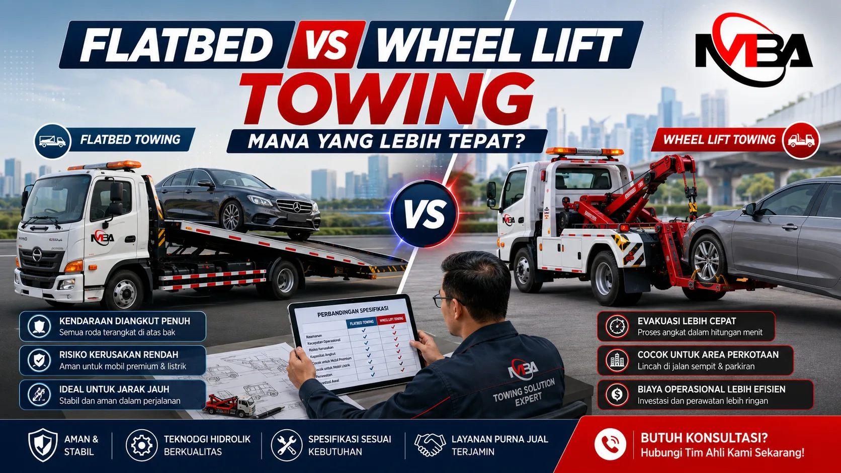 Flatbed vs Wheel Lift Towing yang menampilkan perbandingan sistem flatbed towing dan wheel lift towing untuk proses evakuasi kendaraan dengan aman dan efisien.