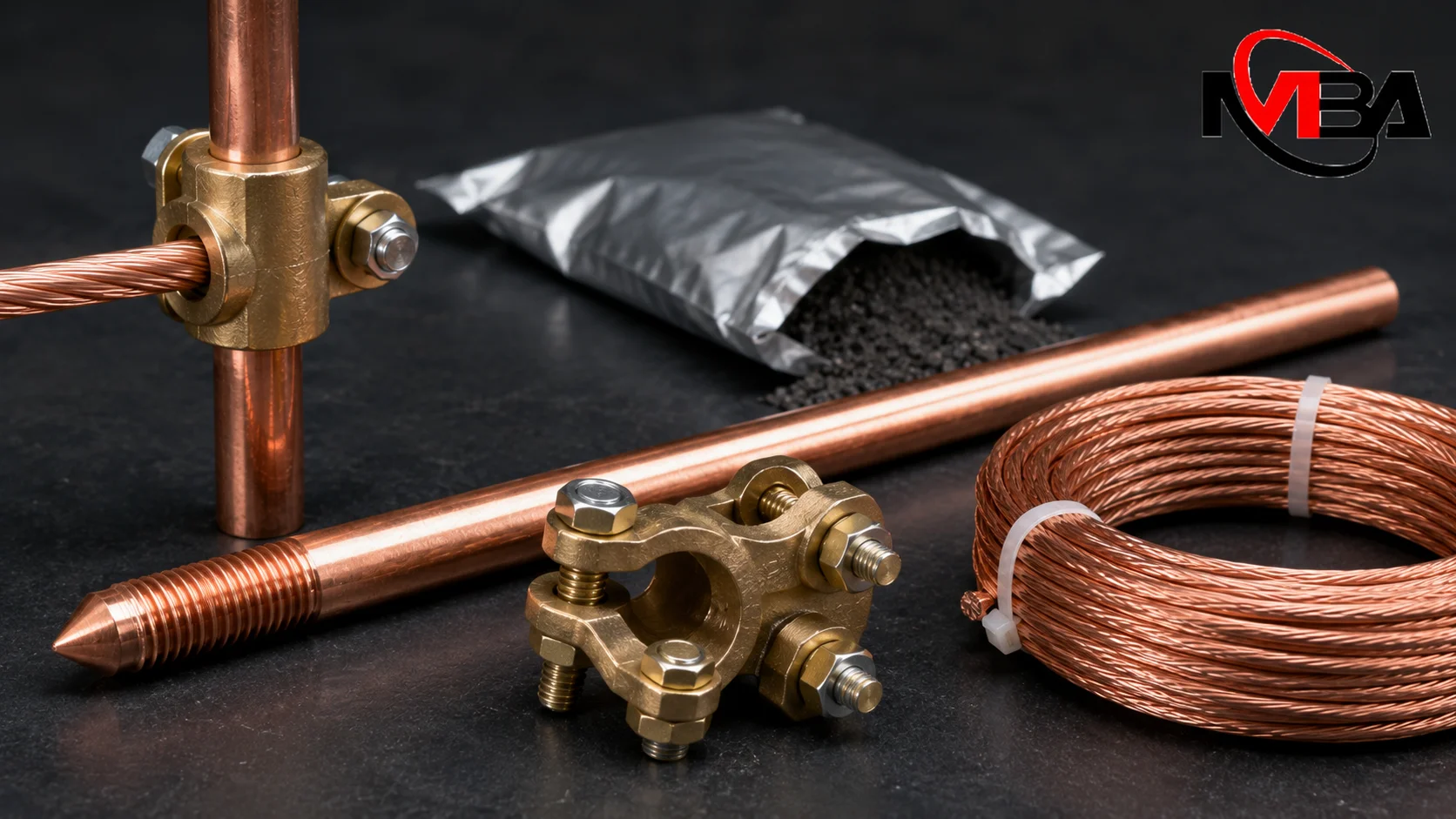 Grounding penangkal petir dengan grounding rod, kabel tembaga, clamp, dan material pendukung untuk sistem pembumian yang optimal.