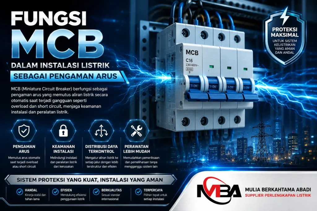 Fungsi MCB dalam instalasi listrik sebagai pengaman arus untuk melindungi sistem kelistrikan, mengatur distribusi daya, meningkatkan keamanan instalasi, dan mendukung operasional listrik bersama Mulia Berkahtama Abadi