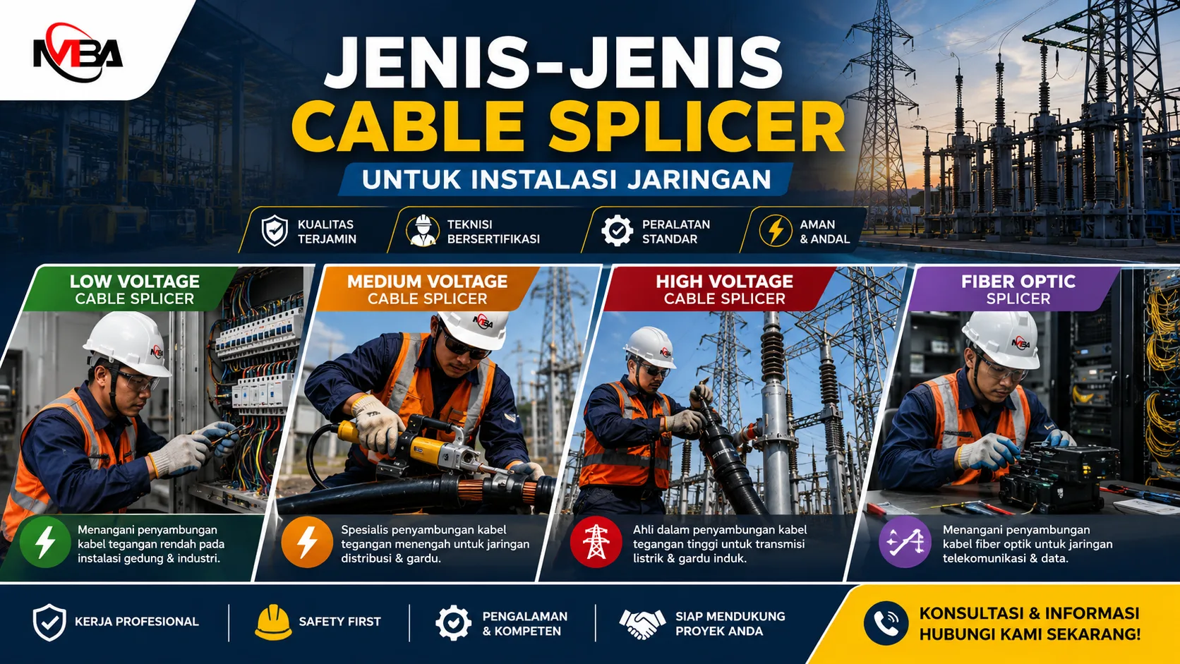 Jenis-Jenis Cable Splicer untuk instalasi jaringan listrik meliputi low voltage, medium voltage, high voltage, dan fiber optic splicer