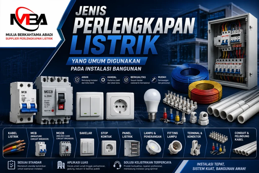 Jenis perlengkapan listrik yang umum digunakan pada instalasi bangunan meliputi kabel listrik, MCB, MCCB, panel listrik, sakelar, stop kontak, lampu, fitting lampu, terminal konektor, dan conduit pelindung kabel bersama Mulia Berkahtama Abadi
