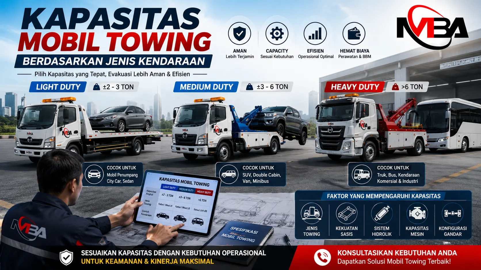 Kapasitas Mobil Towing berdasarkan jenis kendaraan yang menampilkan perbandingan light duty, medium duty, dan heavy duty tow truck beserta kapasitas beban angkutnya.